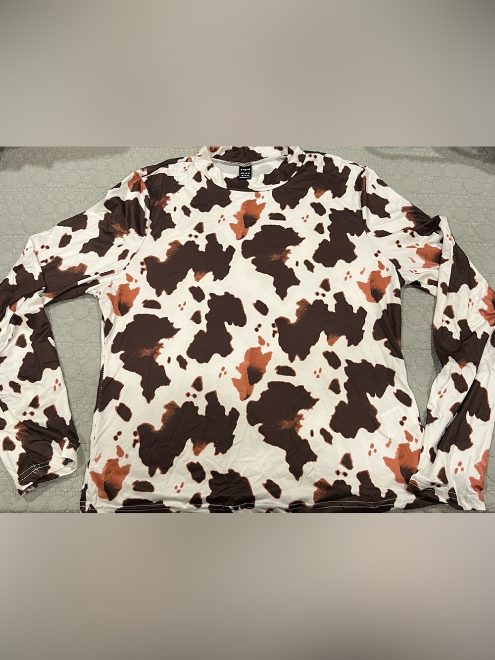 SHEIN White Long-Sleeve Cow Spot Top with Brown & Rust Accents